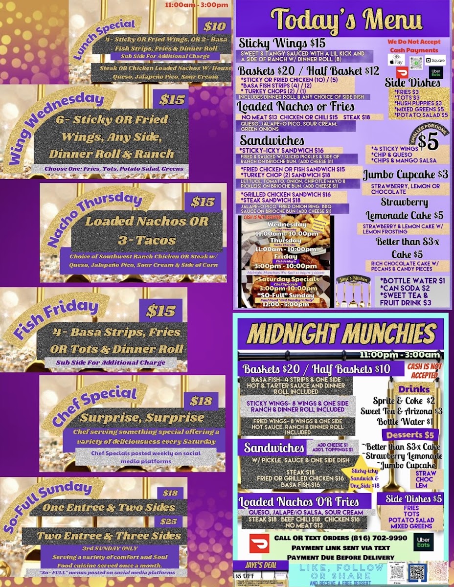 Jaye’s Kitchen & Catering menu board