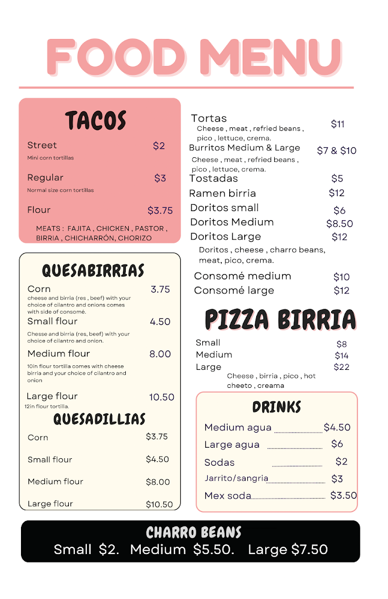 Luz's Pinches Tacos menu board