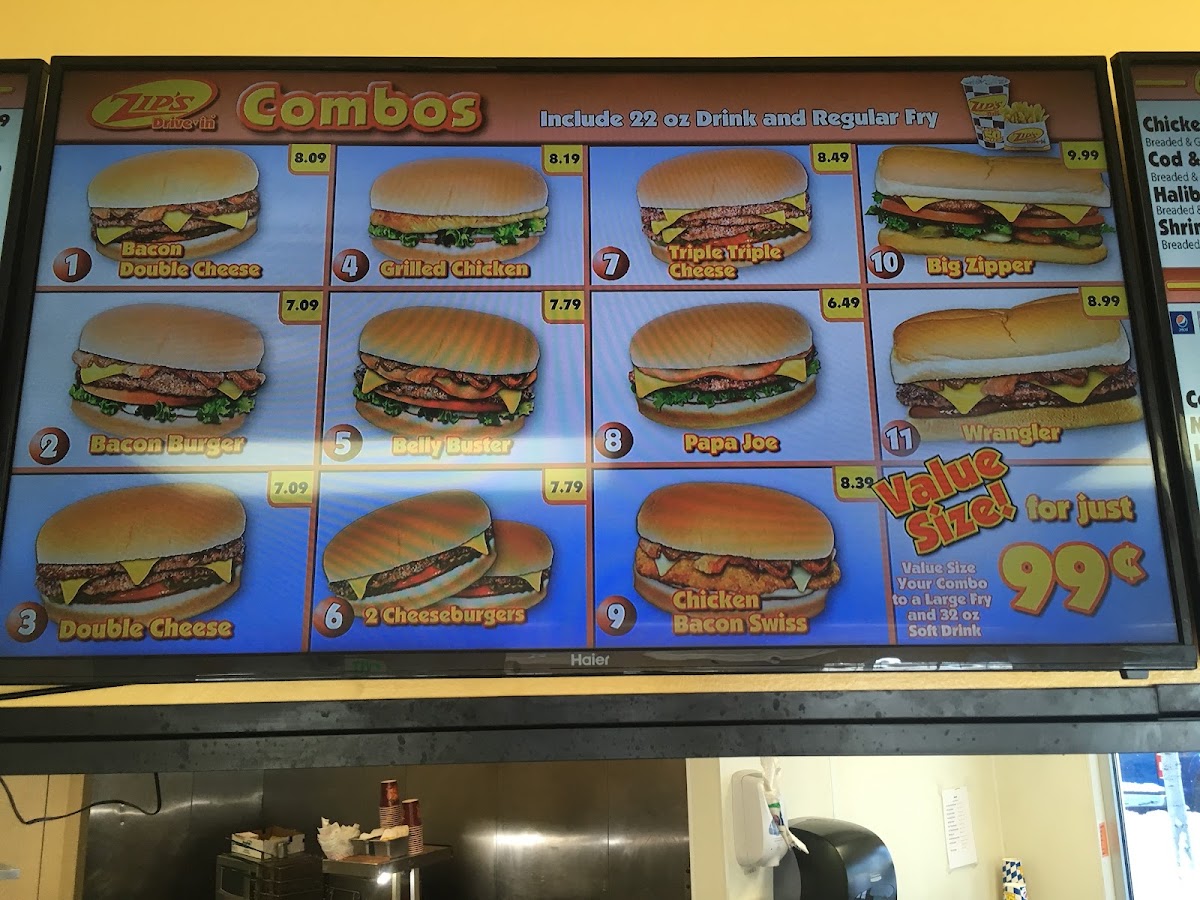 Zip’s Drive In - Ponderay menu board