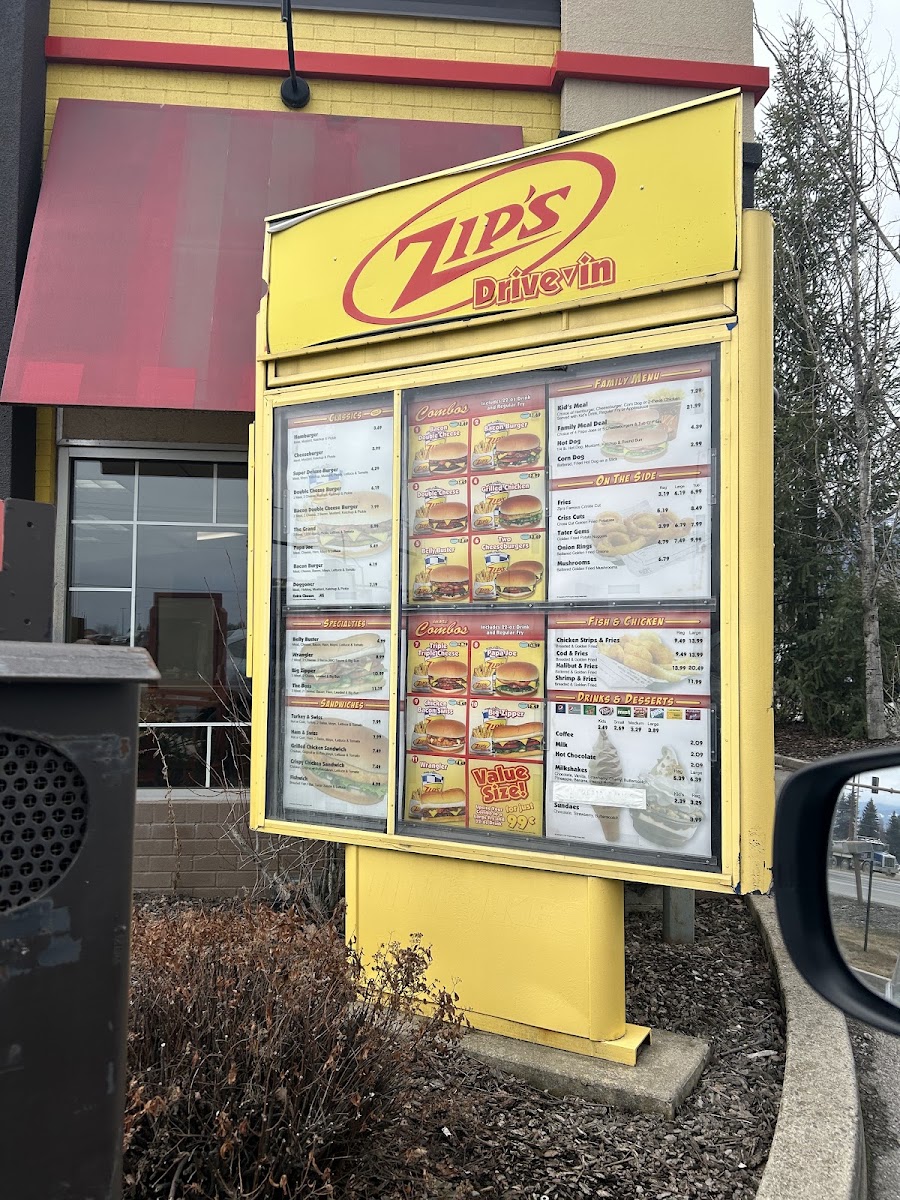 Zip’s Drive In - Ponderay menu board