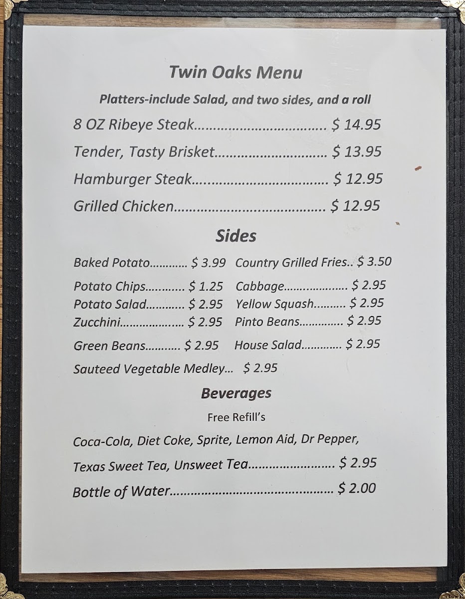 Twin Oaks Family Restaurant menu board