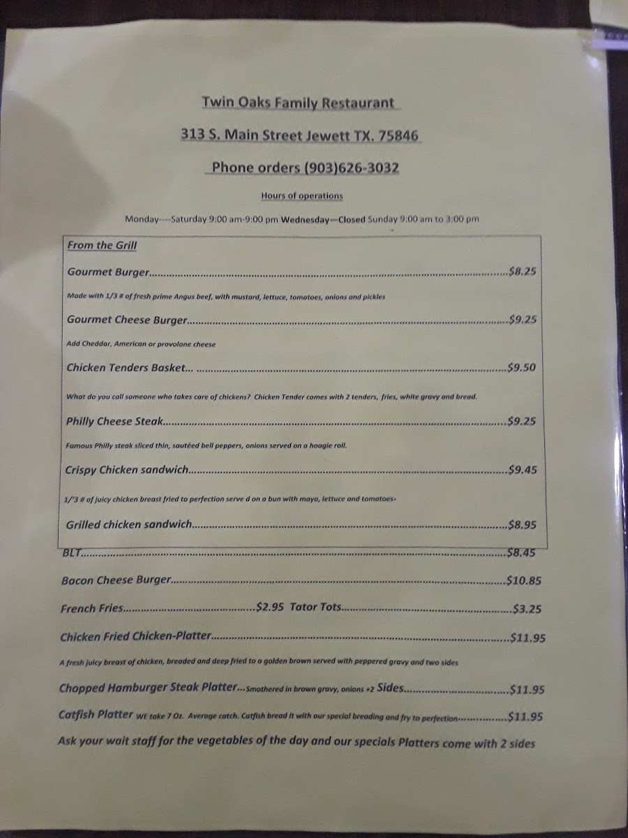 Twin Oaks Family Restaurant menu board