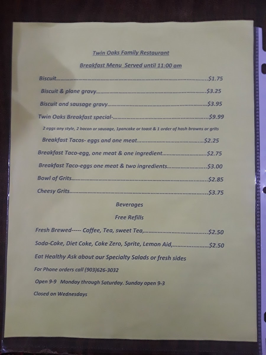 Twin Oaks Family Restaurant menu board