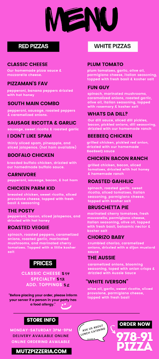 Mutz Pizzeria menu board