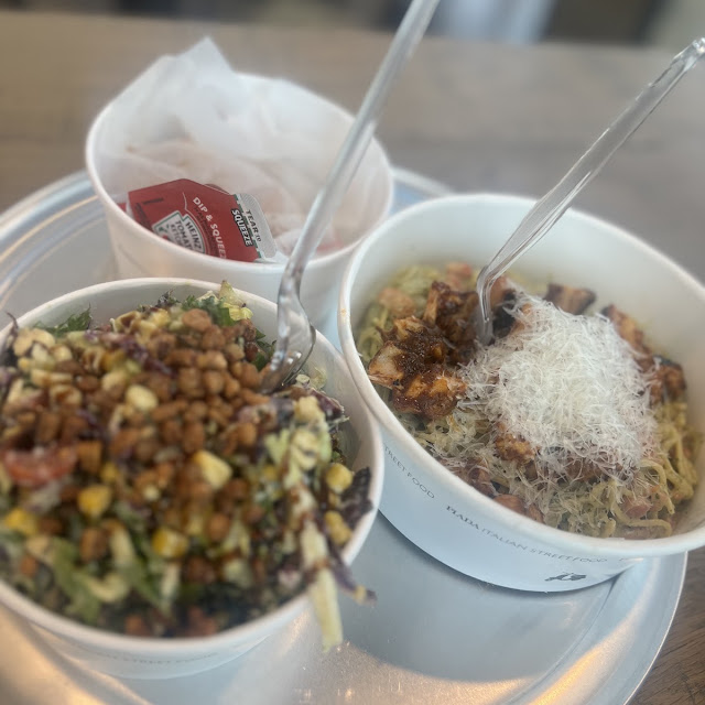 Avocado Chopped Salad and Basil Pesto Pasta