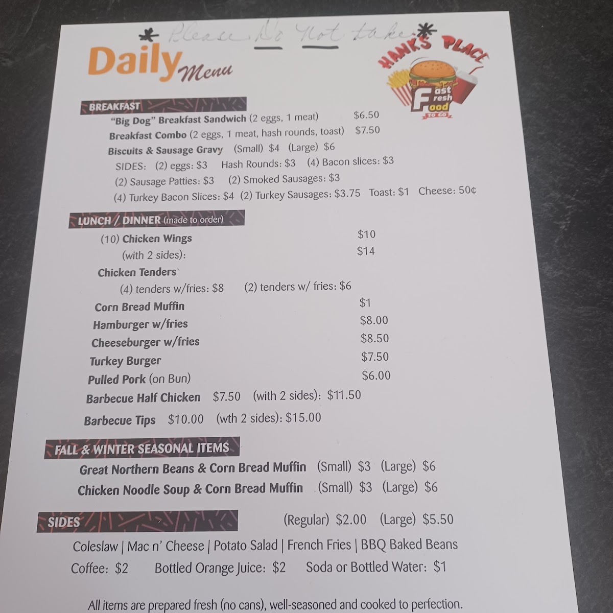 Hank's Place menu board