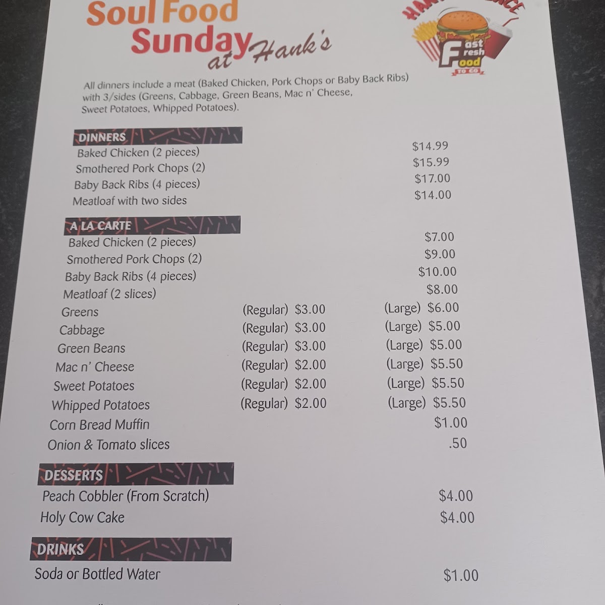 Hank's Place menu board