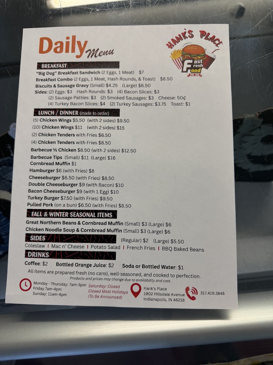 Hank's Place menu board