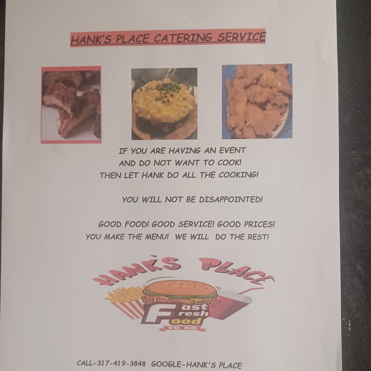 Hank's Place menu board