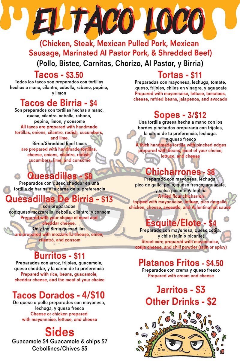 El Taco Loco LLC menu board
