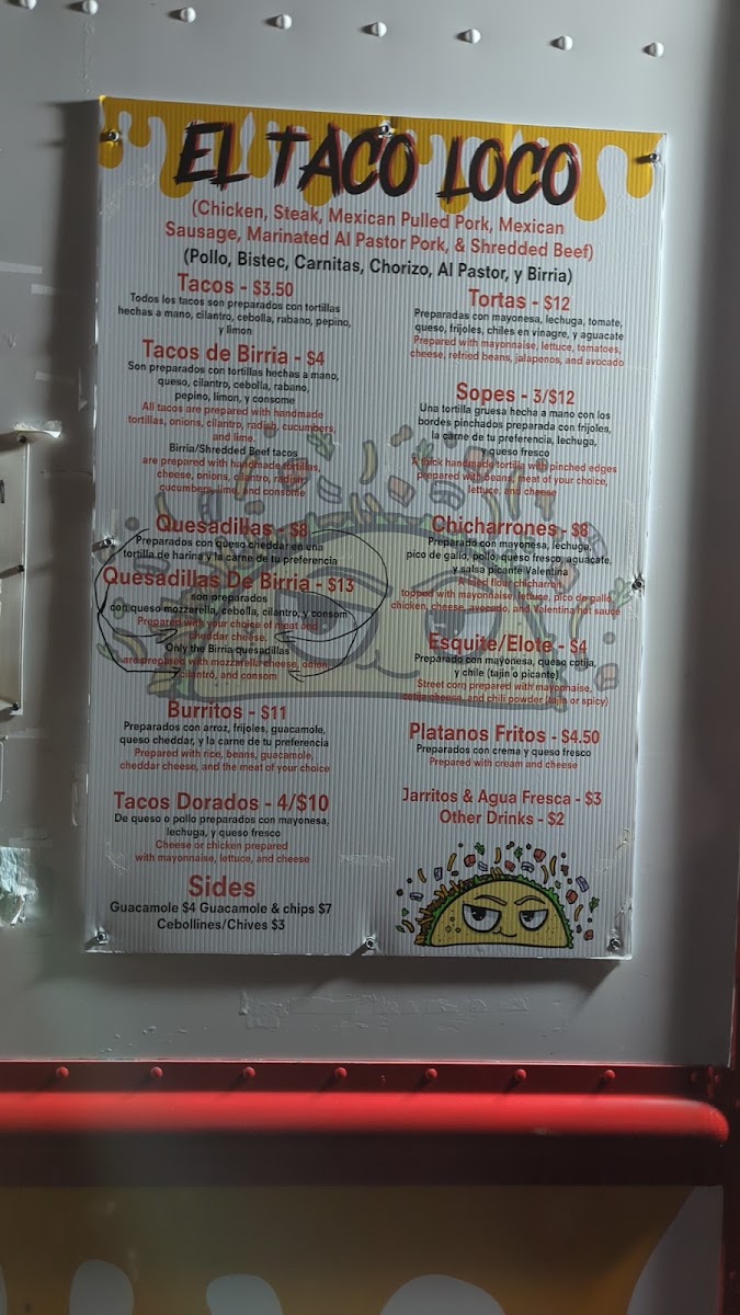 El Taco Loco LLC menu board