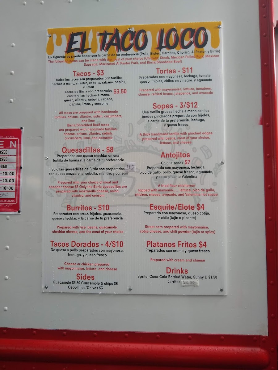 El Taco Loco LLC menu board