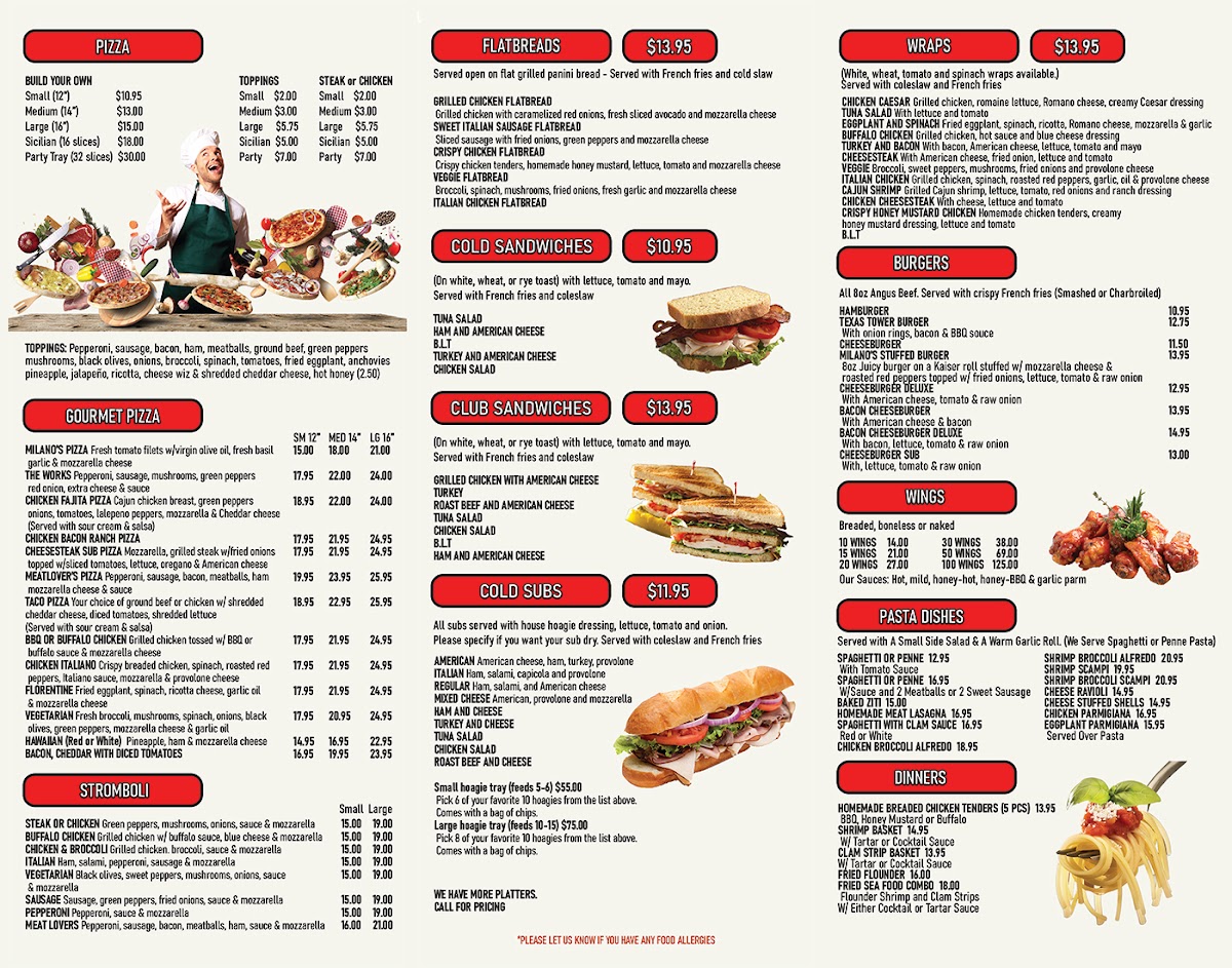 Milano's Pizza Restaurant menu board