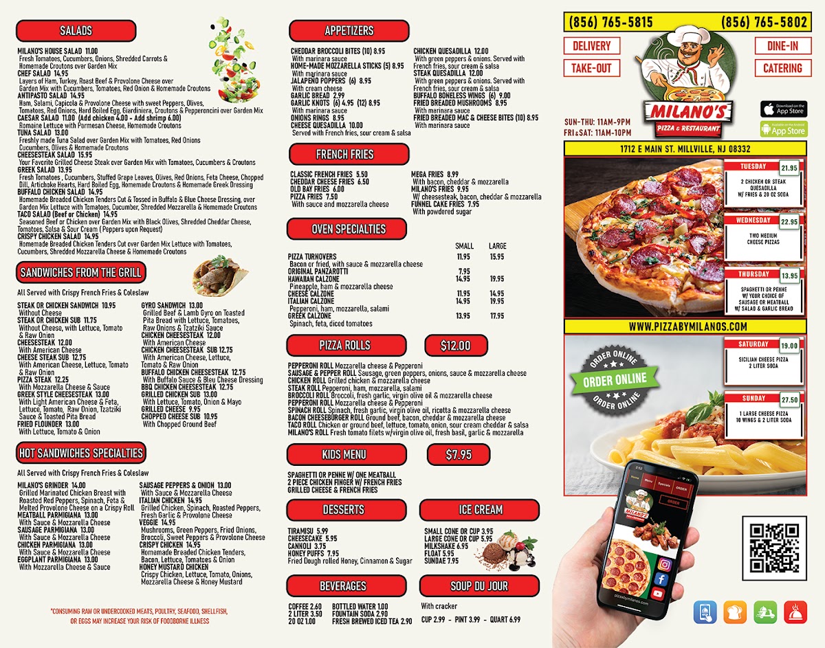 Milano's Pizza Restaurant menu board
