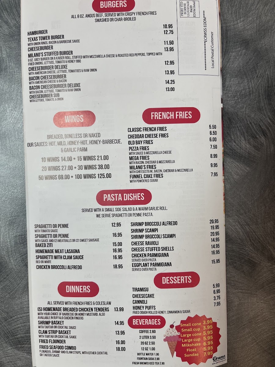 Milano's Pizza Restaurant menu board
