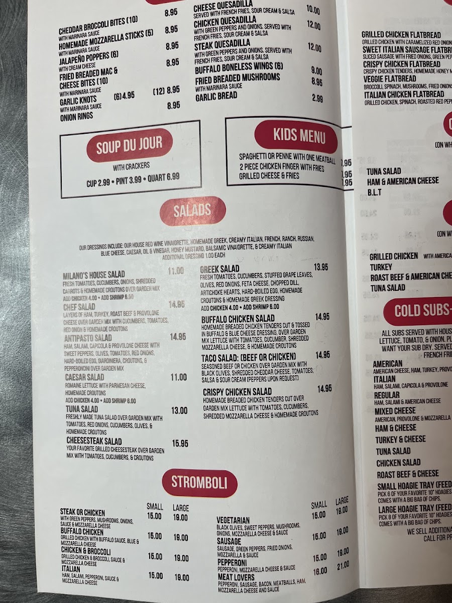 Milano's Pizza Restaurant menu board