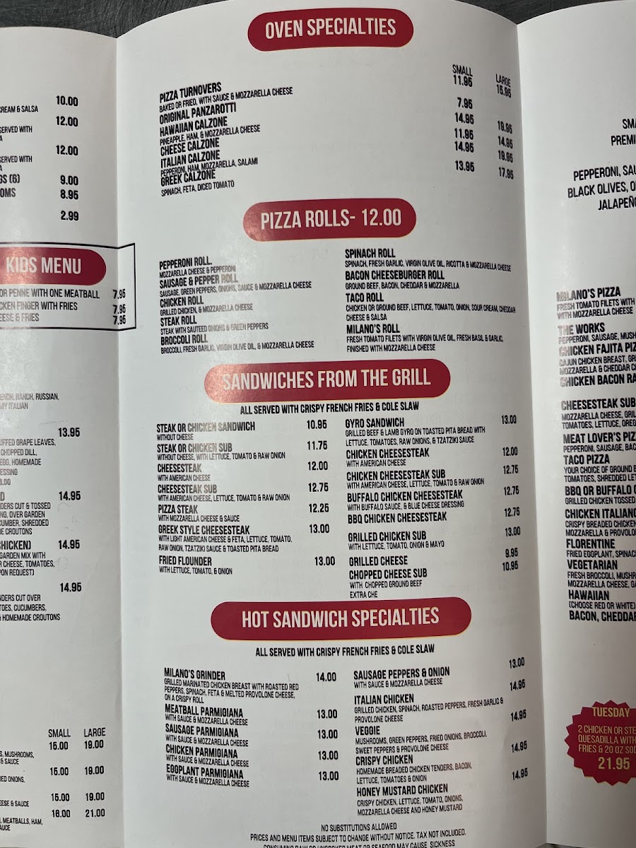 Milano's Pizza Restaurant menu board