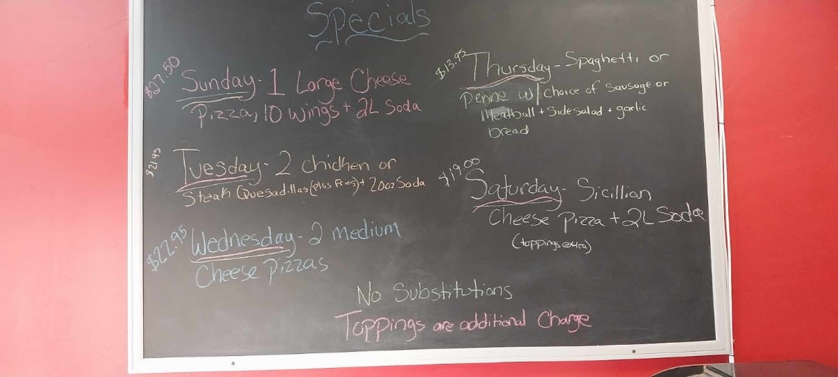 Milano's Pizza Restaurant menu board