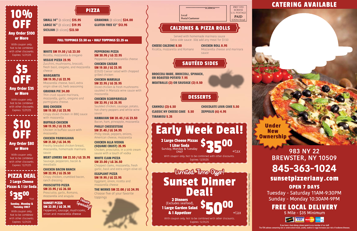 Sunset Pizzeria menu board