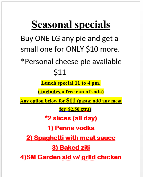 Sunset Pizzeria menu board