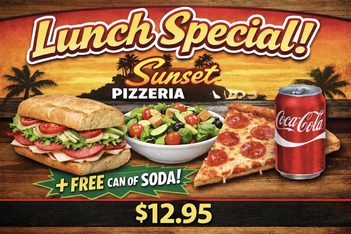 Sunset Pizzeria menu board