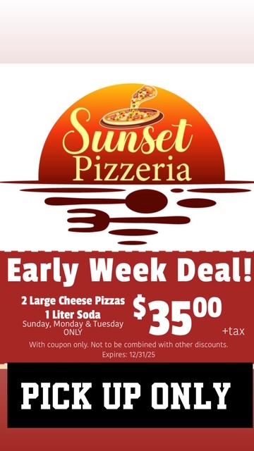 Sunset Pizzeria menu board