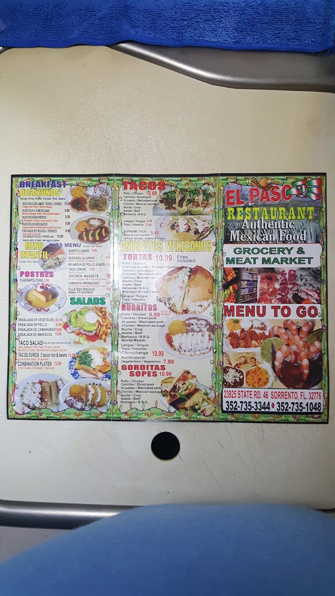 Restaurante el Paso menu board