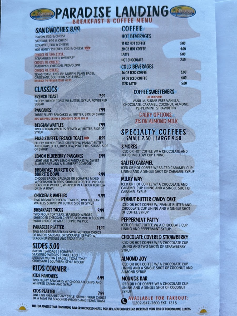 Paradise Landing menu board