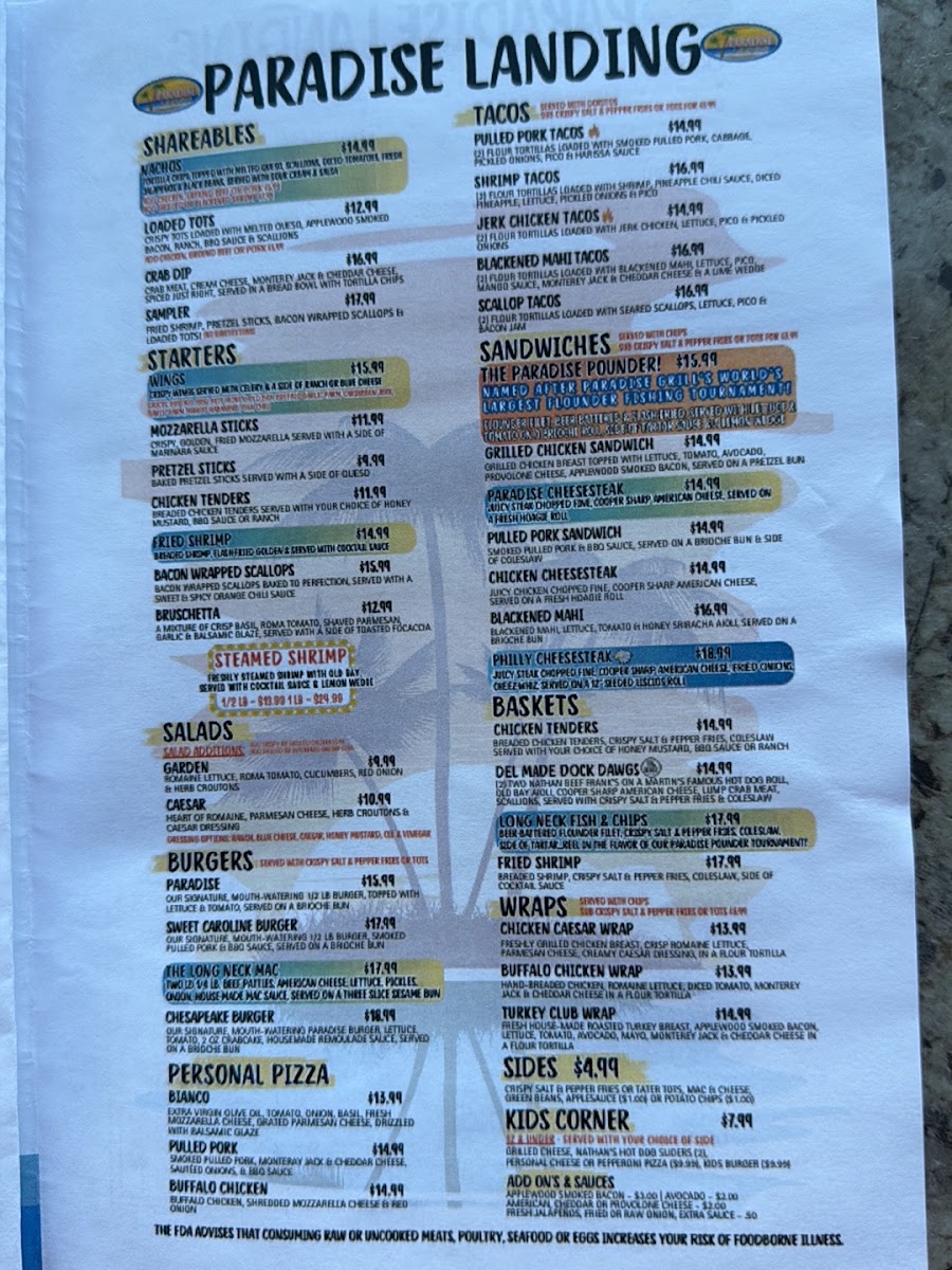 Paradise Landing menu board