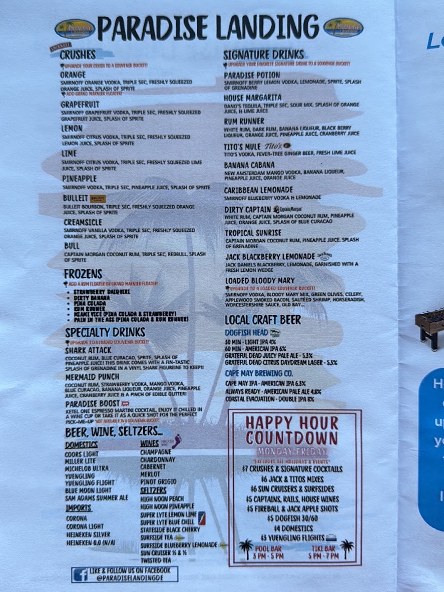 Paradise Landing menu board