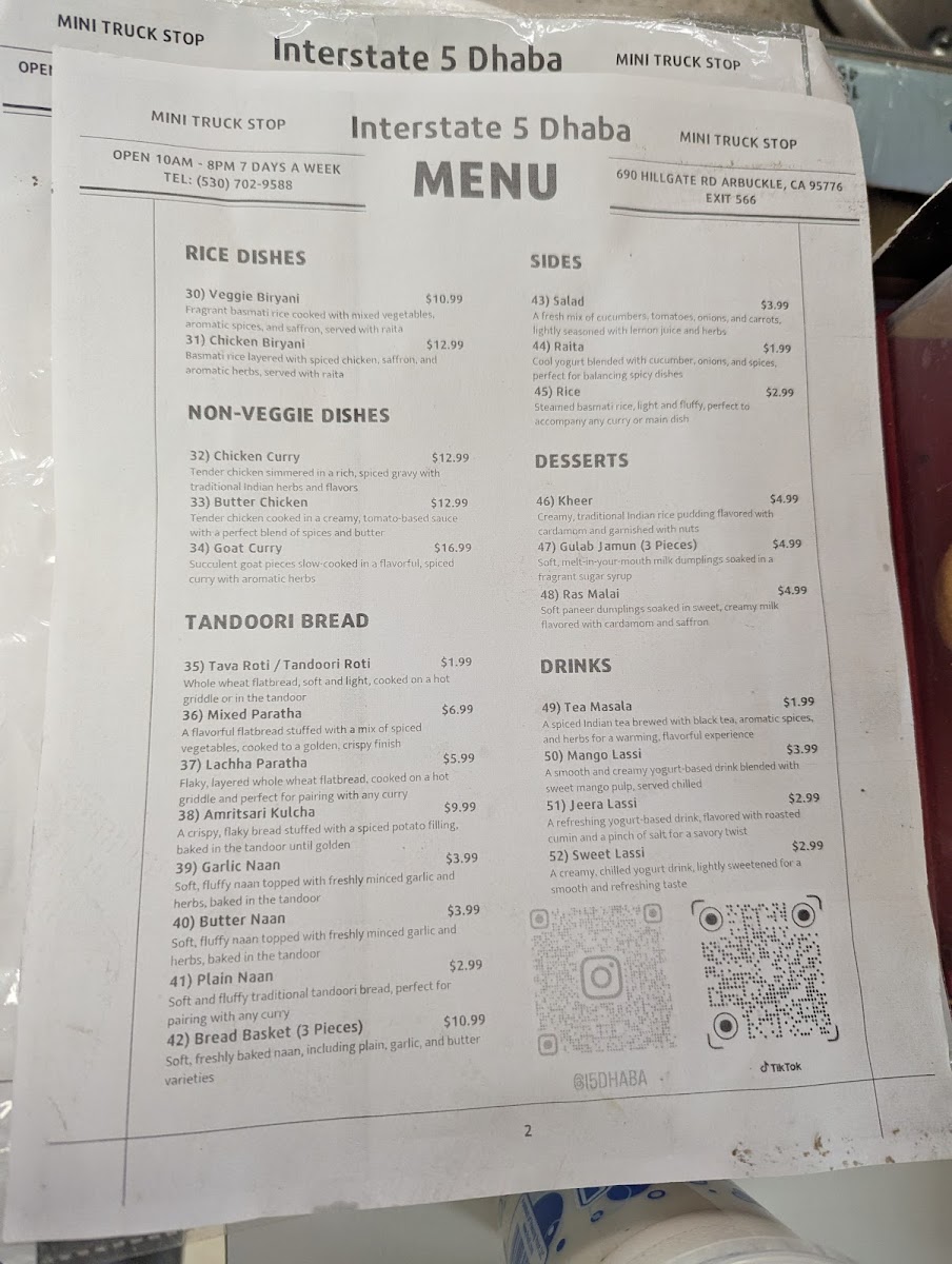 I-5 Dhaba menu board