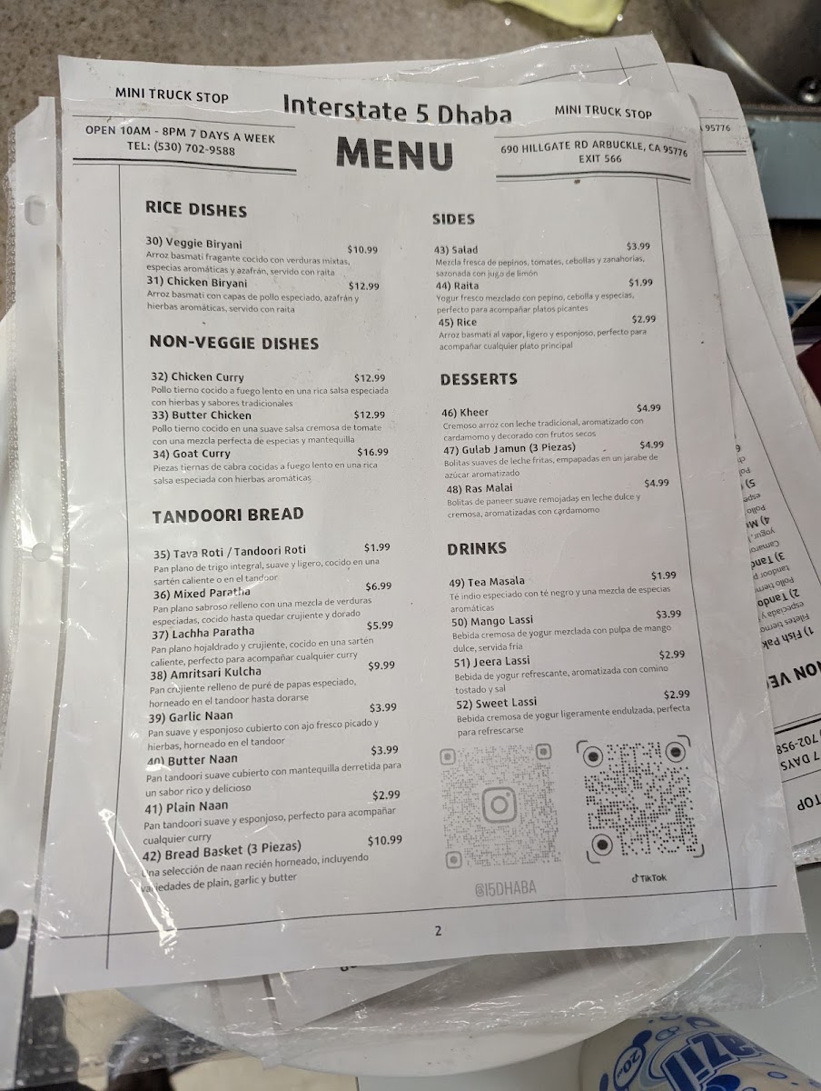 I-5 Dhaba menu board