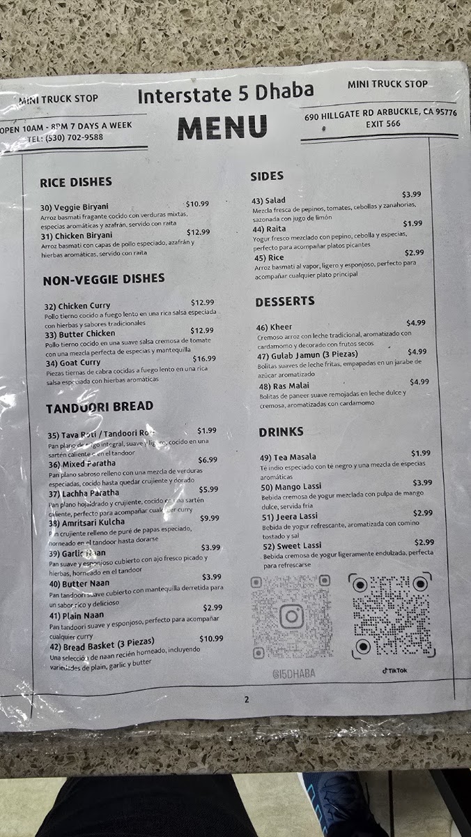 I-5 Dhaba menu board
