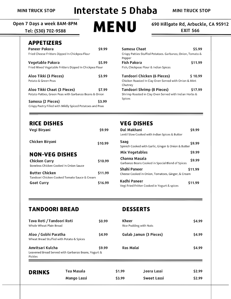 I-5 Dhaba menu board