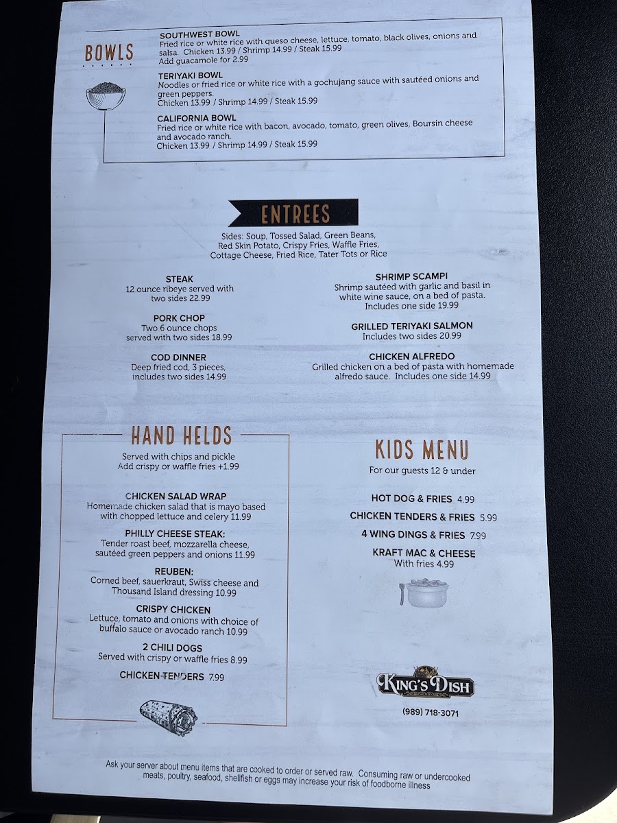 King's Dish menu board