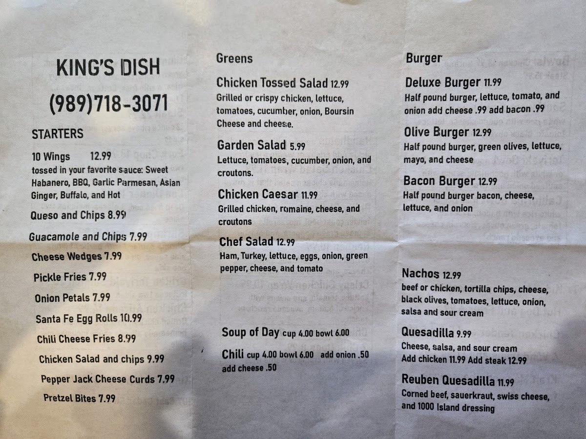 King's Dish menu board