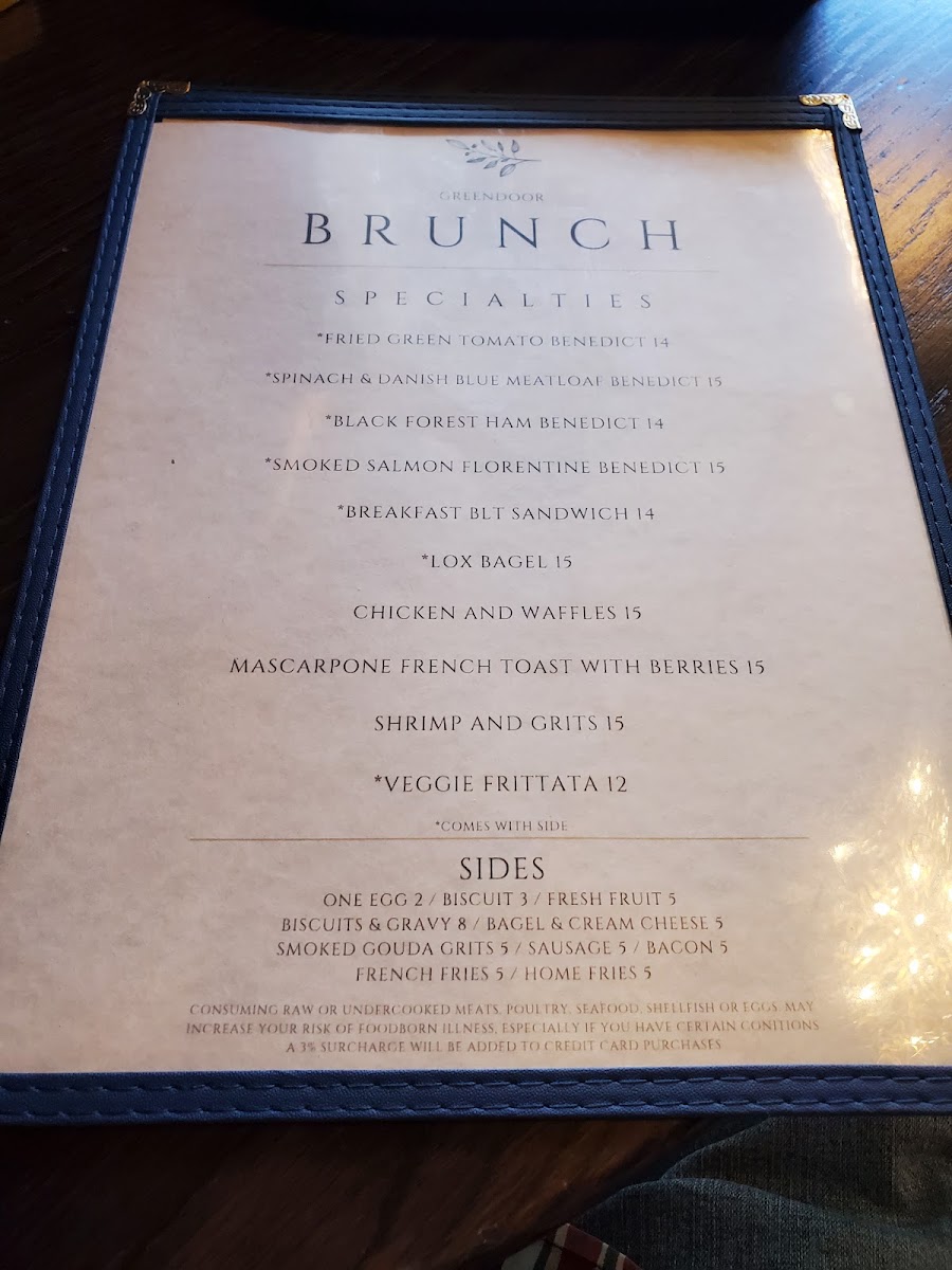 Green Door on Broad menu board