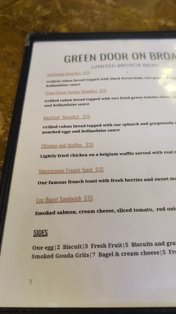 Green Door on Broad menu board