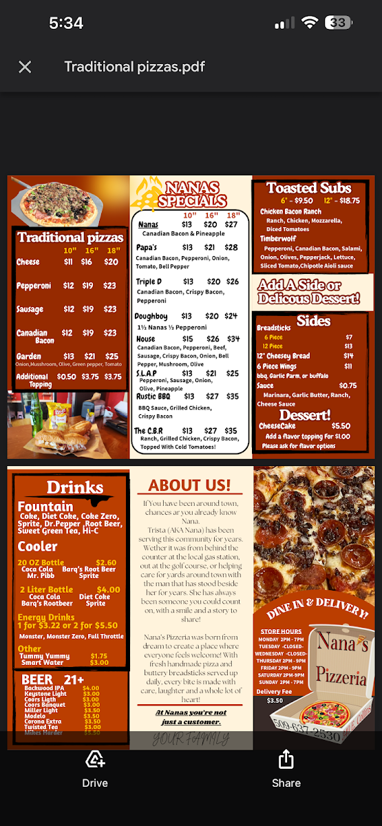Nana's Pizzeria menu board