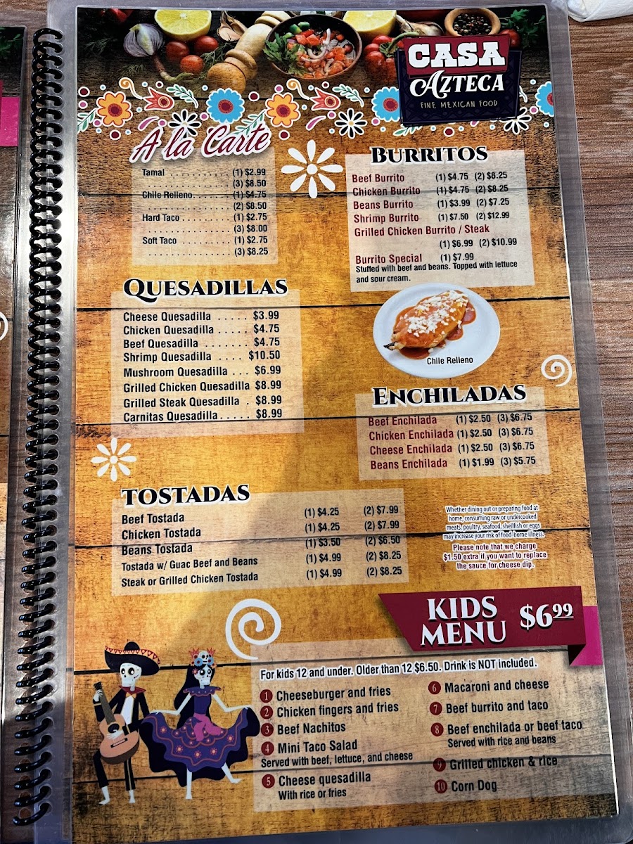 Huxley Casa Azteca Mexican Restaurant menu board