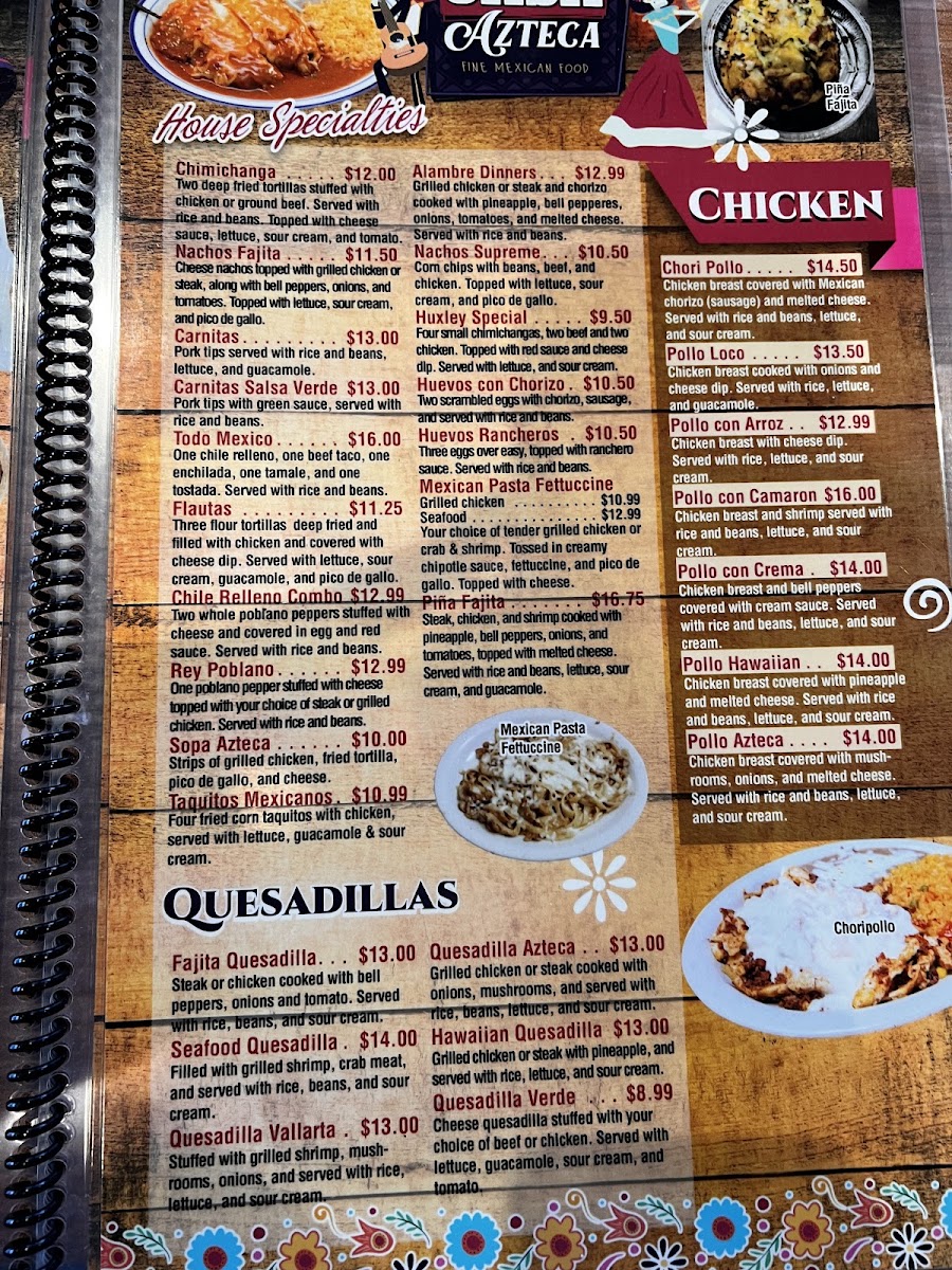 Huxley Casa Azteca Mexican Restaurant menu board