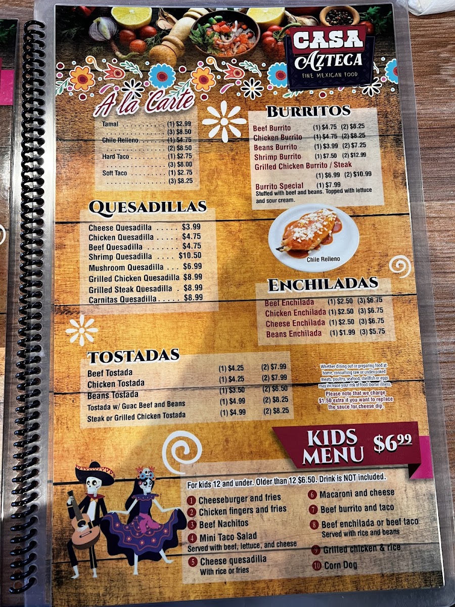 Huxley Casa Azteca Mexican Restaurant menu board