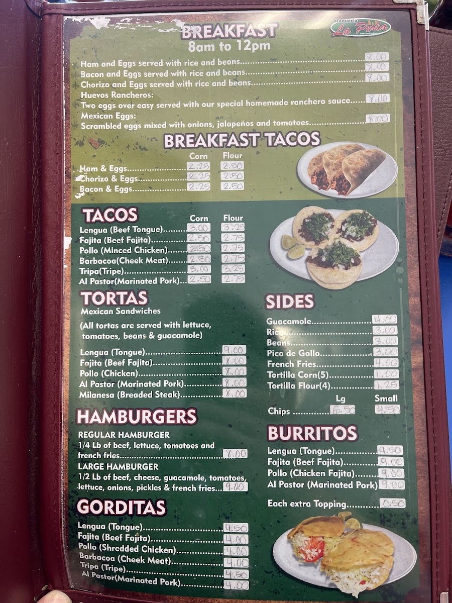 La Perla Taqueria menu board