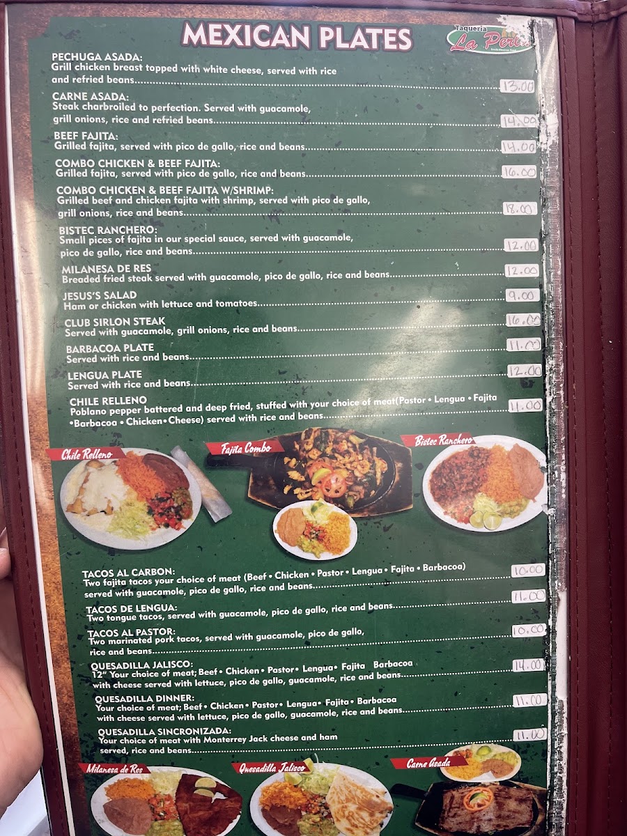 La Perla Taqueria menu board