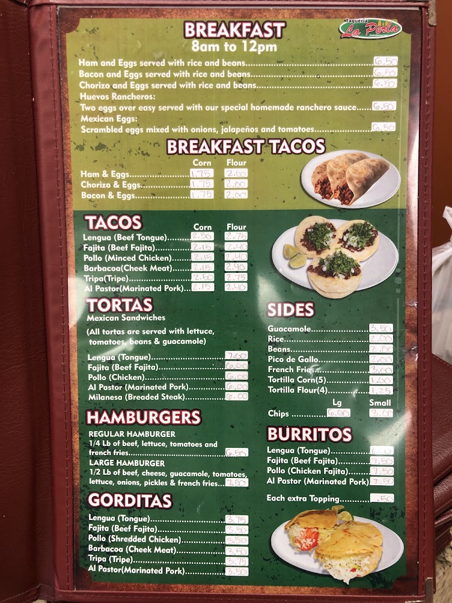La Perla Taqueria menu board