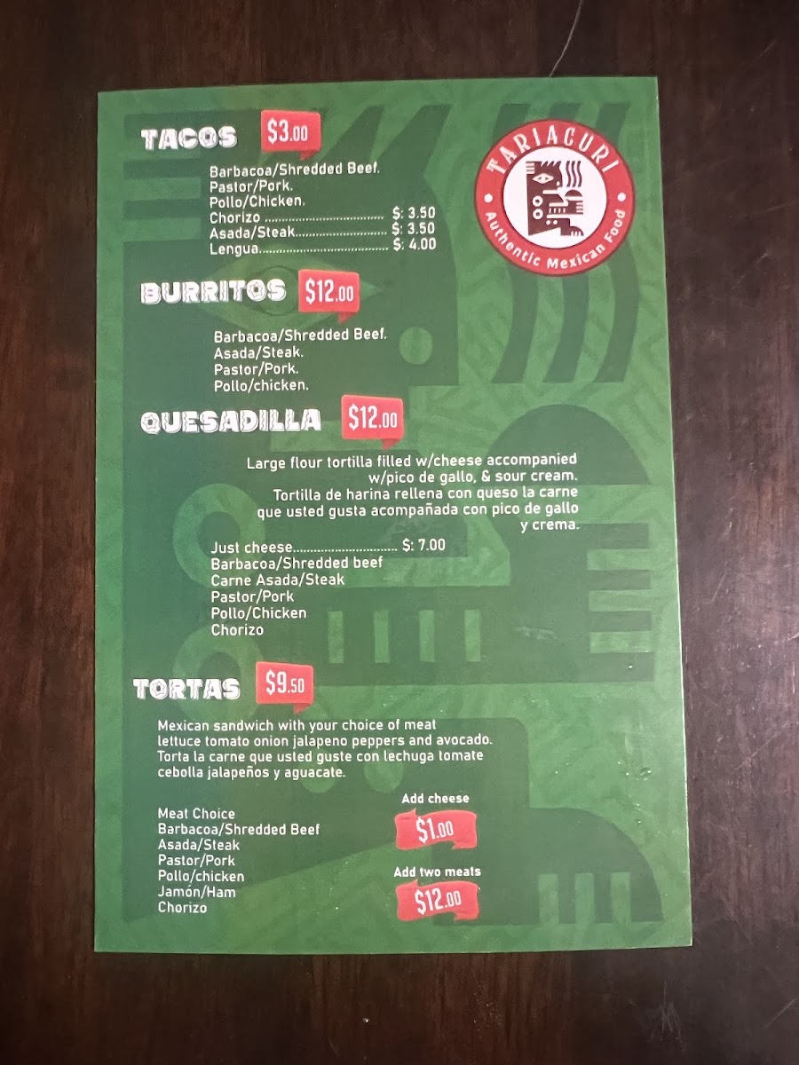 Tariacuri Tacos menu board