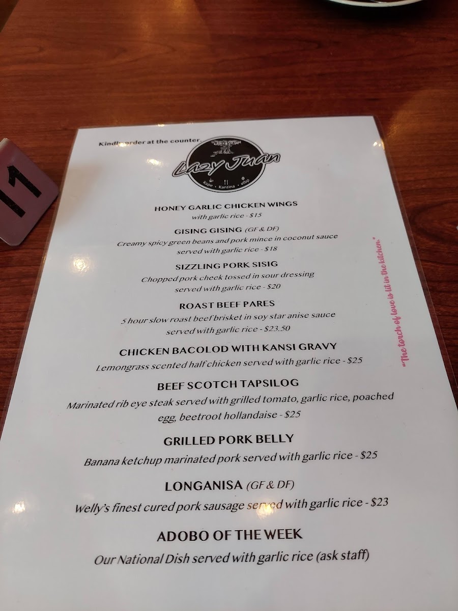 Lazy Juan menu board