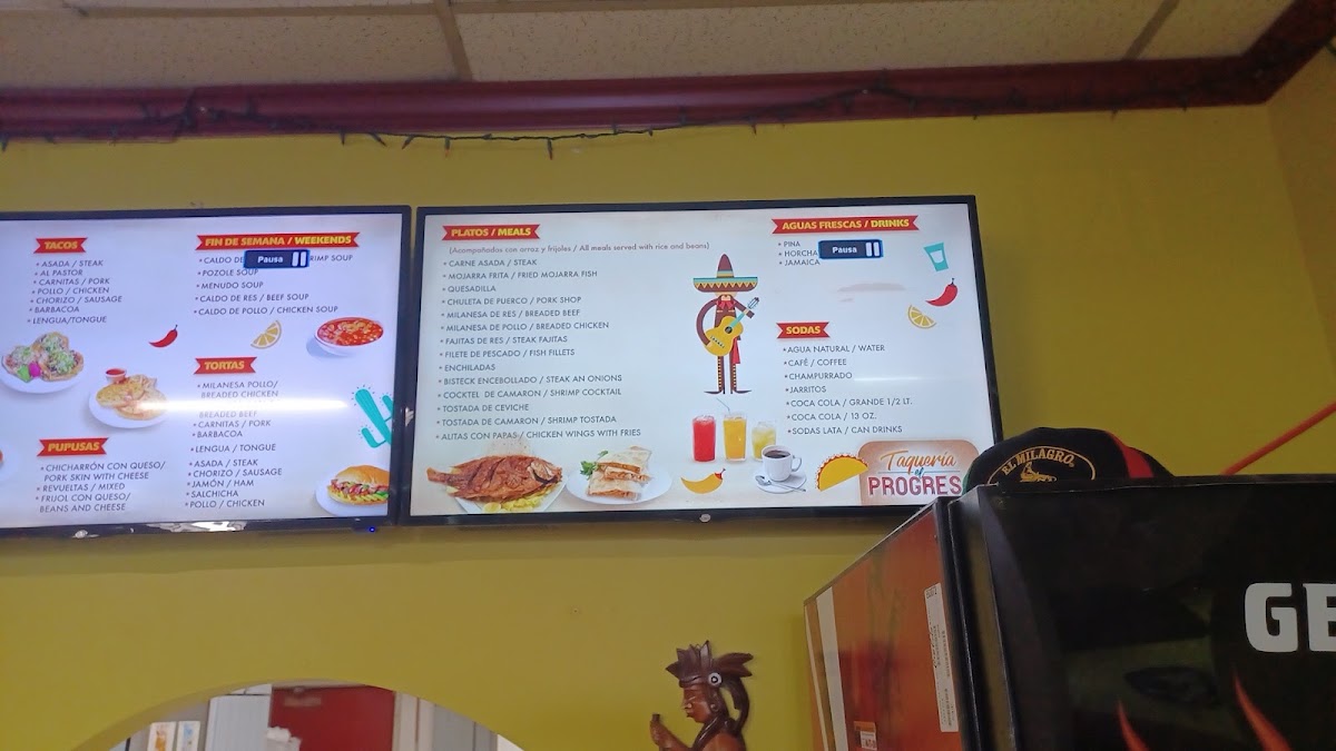 El Progreso #5 Y Taqueria menu board