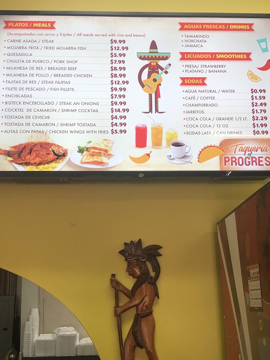 El Progreso #5 Y Taqueria menu board