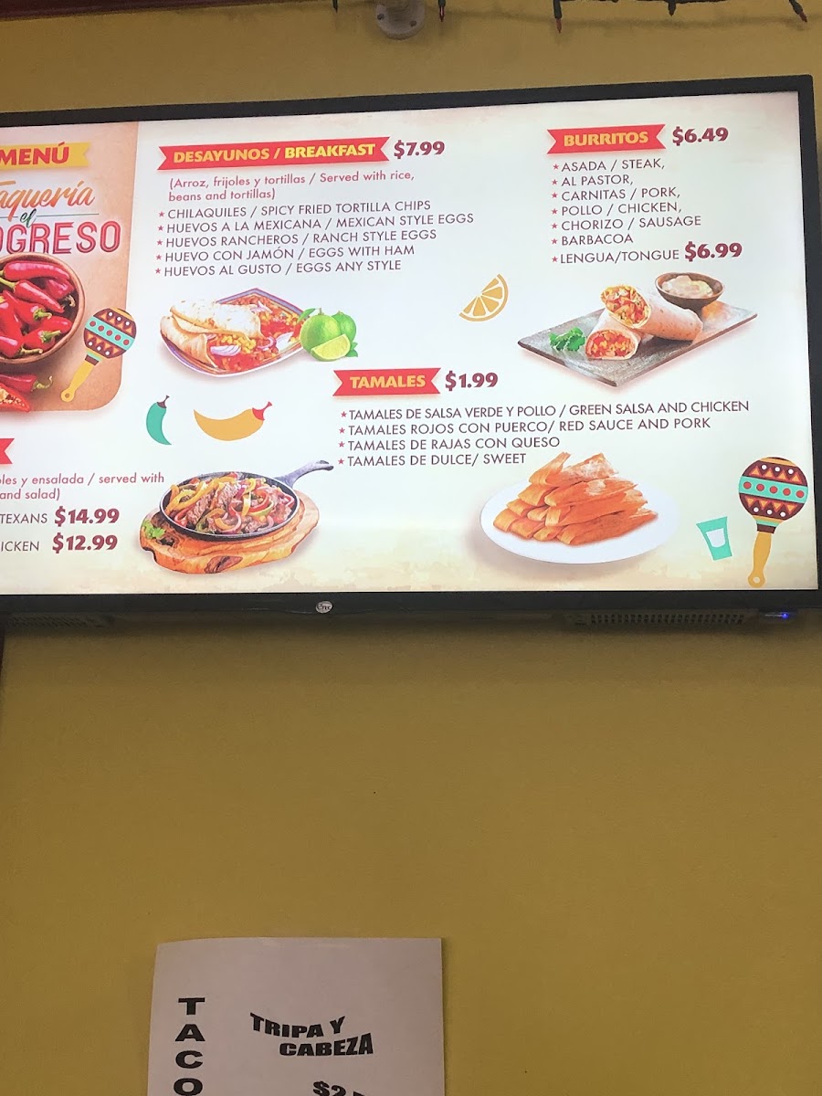 El Progreso #5 Y Taqueria menu board